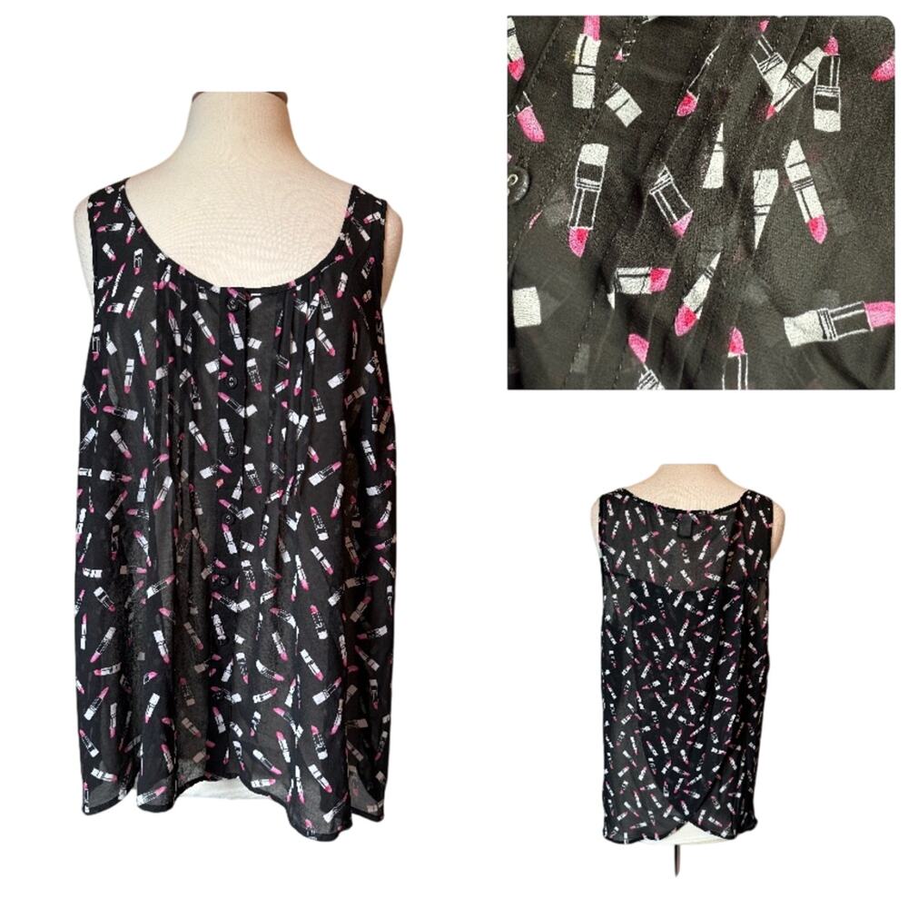 Whimsigoth Girl Glam Pink Lipstick Pintuck Chiffon Sheer Wrap Back‎ Tank Top 2X